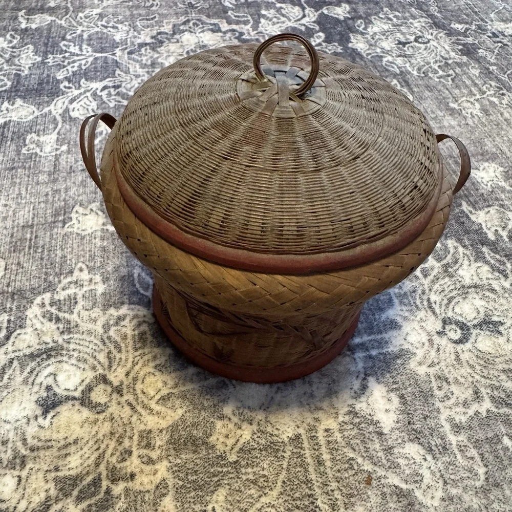Vintage Shanghai Sticky‎ Rice Hand Woven Basket With Lid